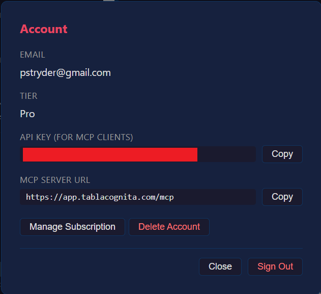 Account panel showing API key and MCP server URL