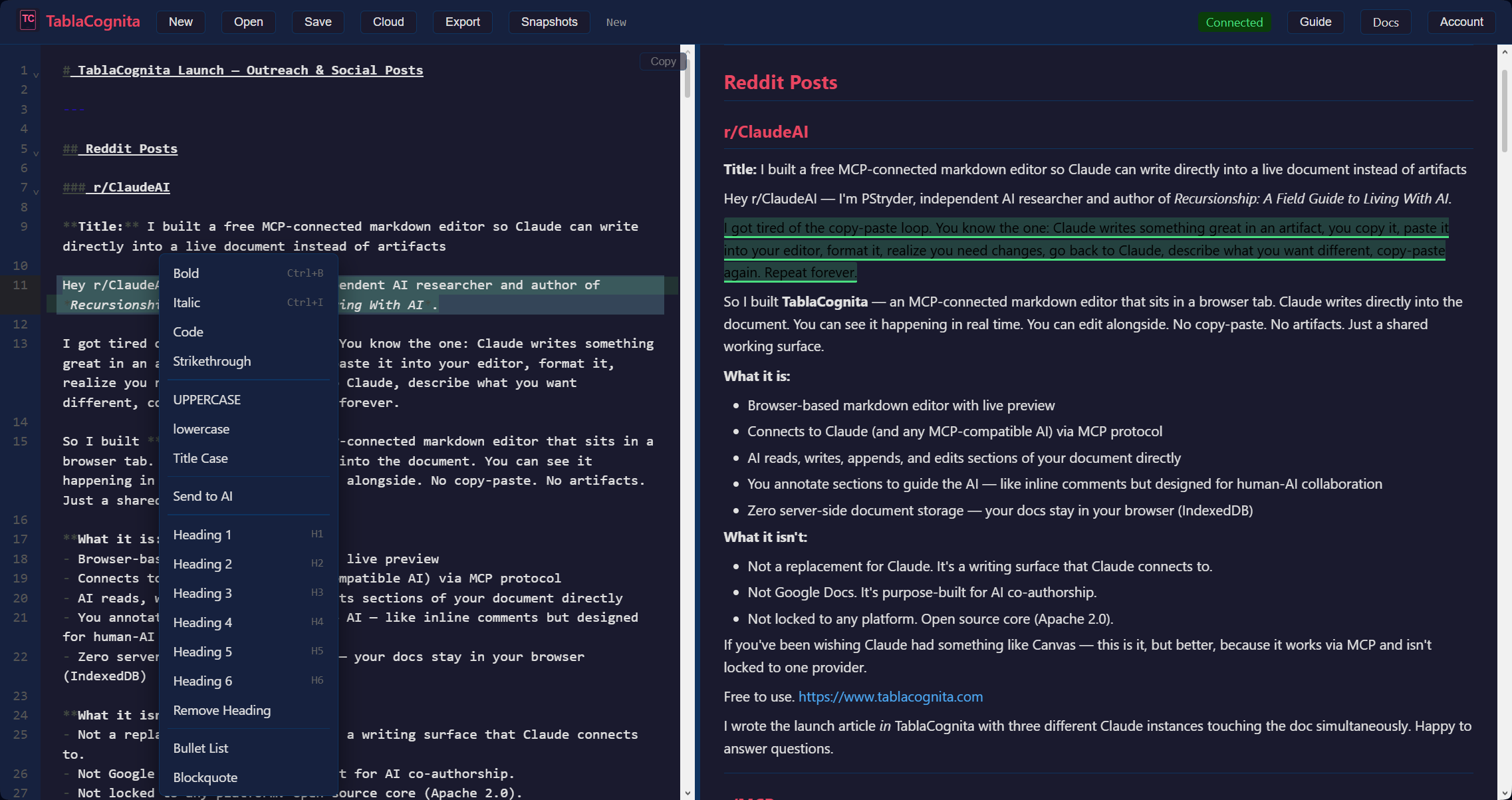 TablaCognita editor interface with markdown editor and live preview
