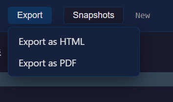 Export menu with HTML and PDF options